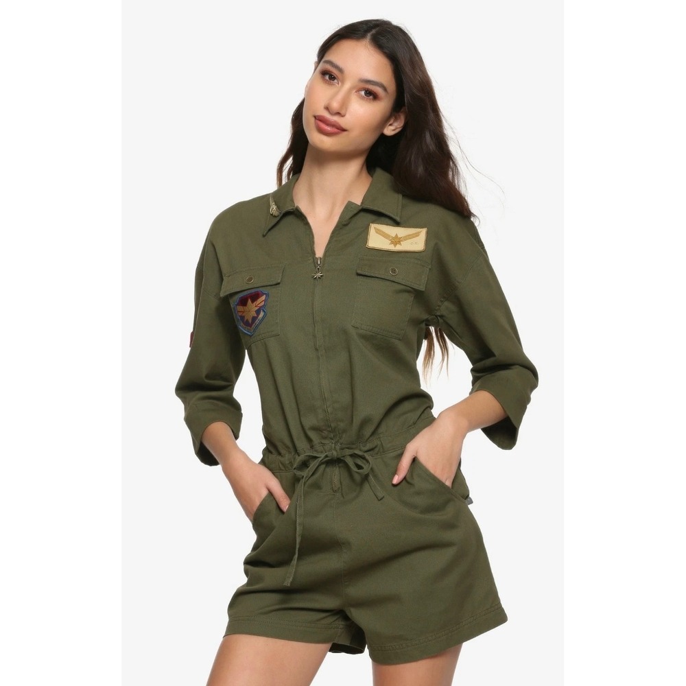 Marvel Cargo Romper Olive Green Patches Embroidered Pins Utility Flight Suit